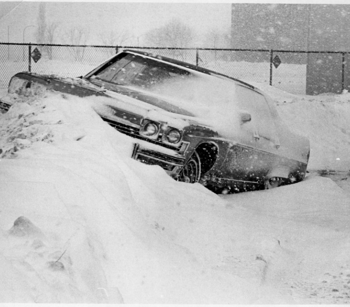 Car stuck in deep snow during the Blizzard of '77