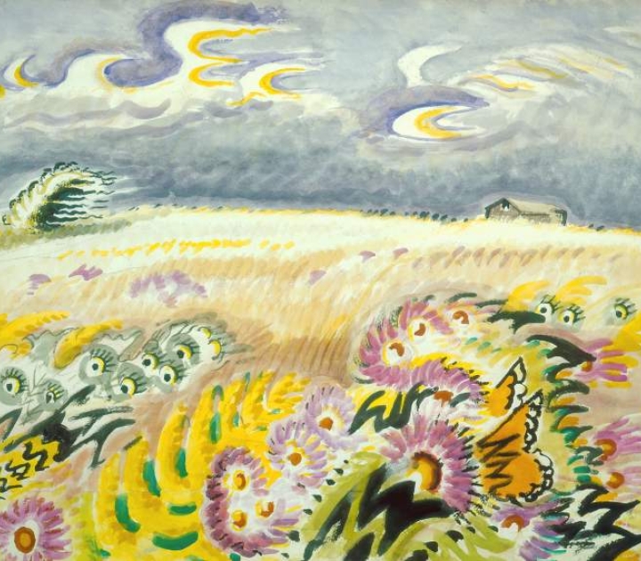 Colorful Burchfield painting of field flowers and butterflies