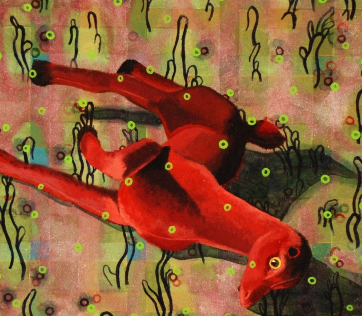 Painting of a red toy reindeer, missing his antlers, lying on its side