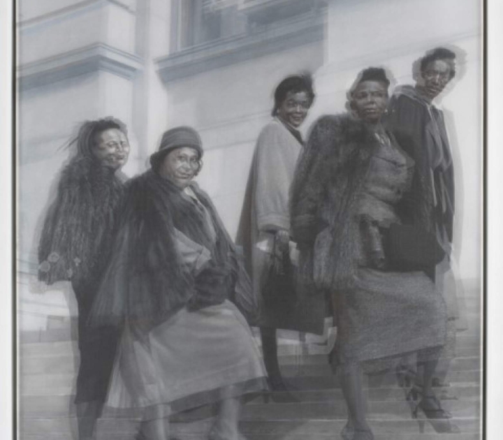 Black and white illustration of five well-dressed Black women on the stairs of a large building looking at the viewer