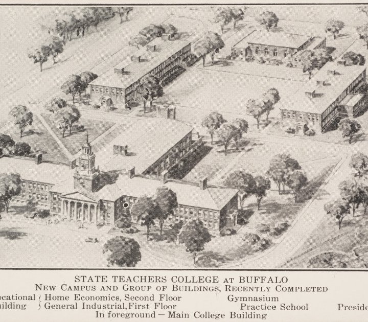 Aerial view of the original buildings on the 1931 Elmwood Ave campus