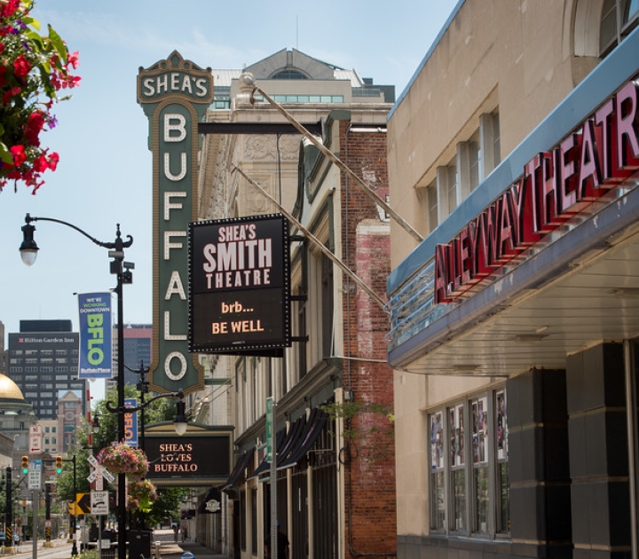 Scenic shot of downtown Buffalo's Theater District showing Shea's, Smith, and Alleyway Theater