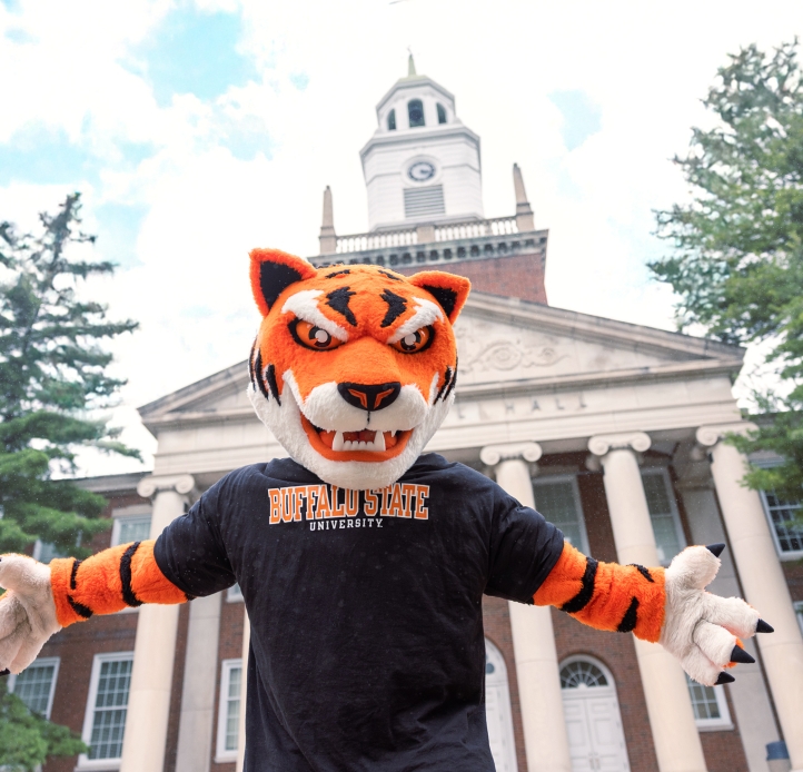 Bengal mascot in front of Rockwell Hall