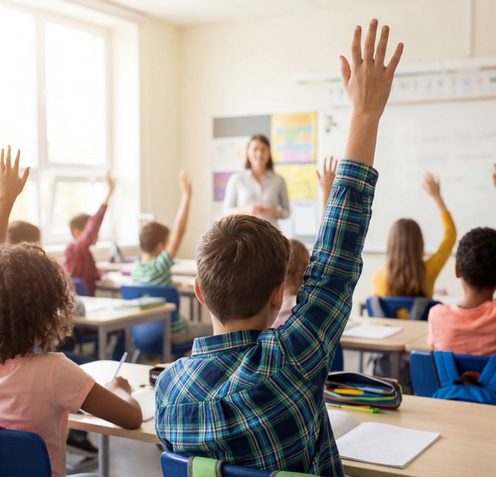 Young students in classroom with hands raised