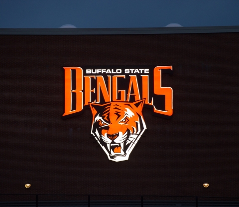 Lighted Bengals athletics sign at Buffalo State