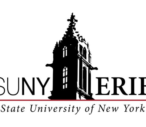 Black and white logo that shows stylized image of the city campus steeple and the words SUNY Erie and State University of New York