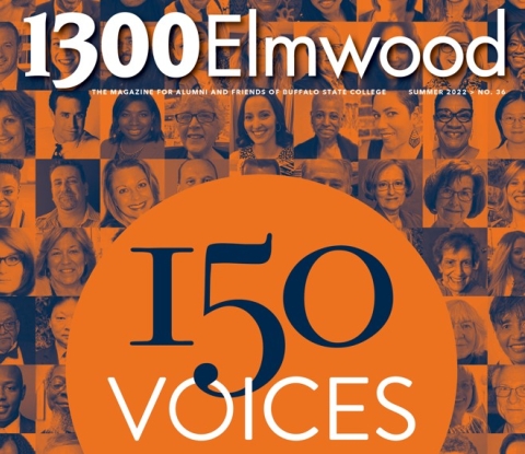 Cover of summer 2022 1300 Elmwood magazine showing 150 Voices cover story
