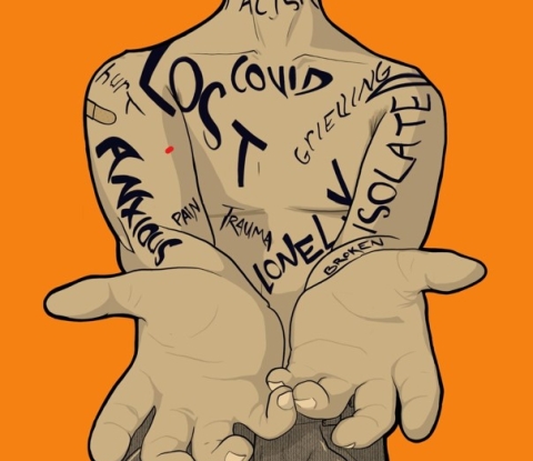 Poster illustration showing a tatooed torso with outstretched hands