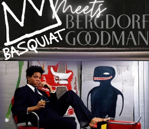 Poster for the event showing a seated, suited, and barefoot Basquiat under the words "Basquiat Meets Bergdorf Goodman"