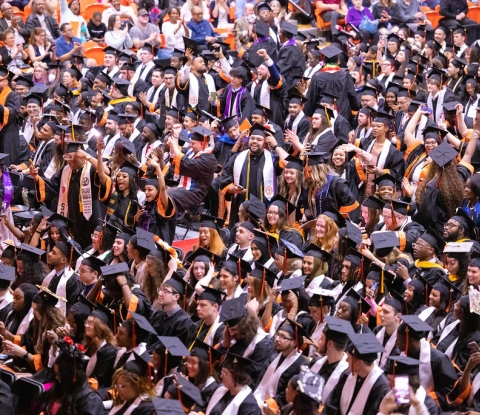 Large crowd of graduates in their caps and gowns