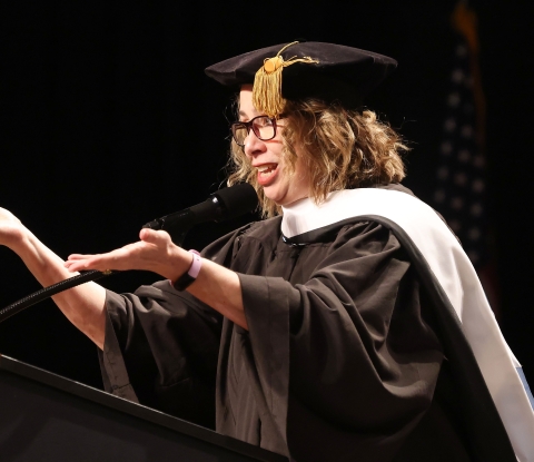 Bobbie Chase at the podium