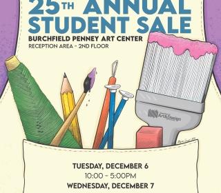 Poster detail showing artists tools like paintbrushes and pencils and the words 25th Annual Student Sale