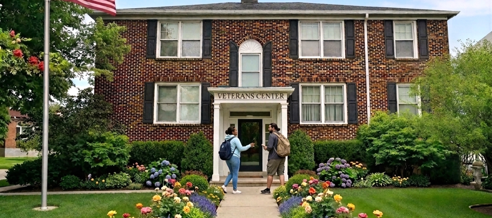 Two students in front of the Veterans Center