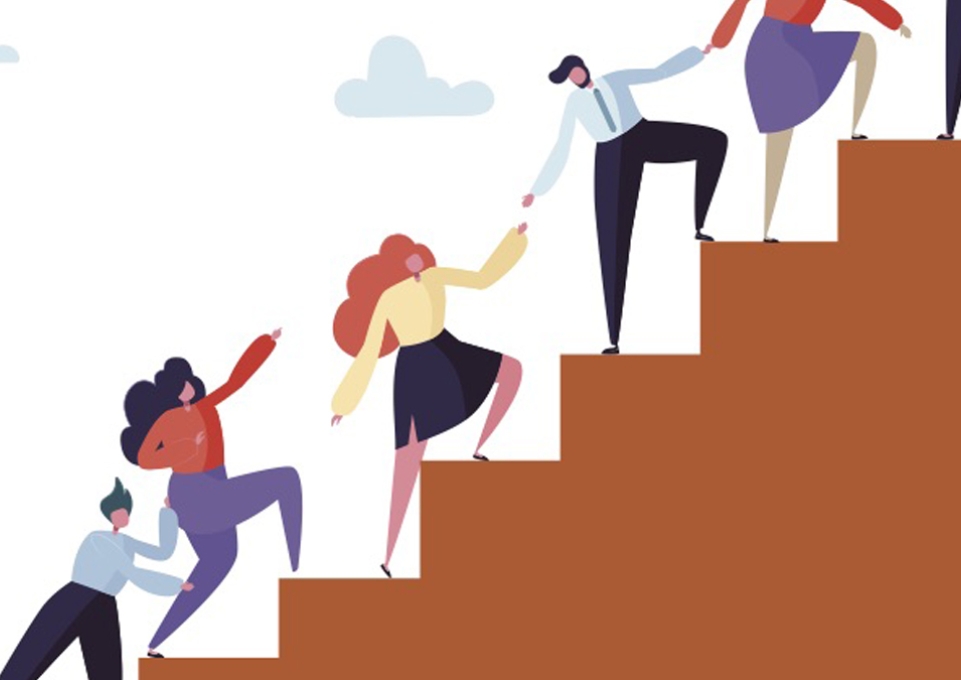 Illustration of people helping each other up a set of stairs