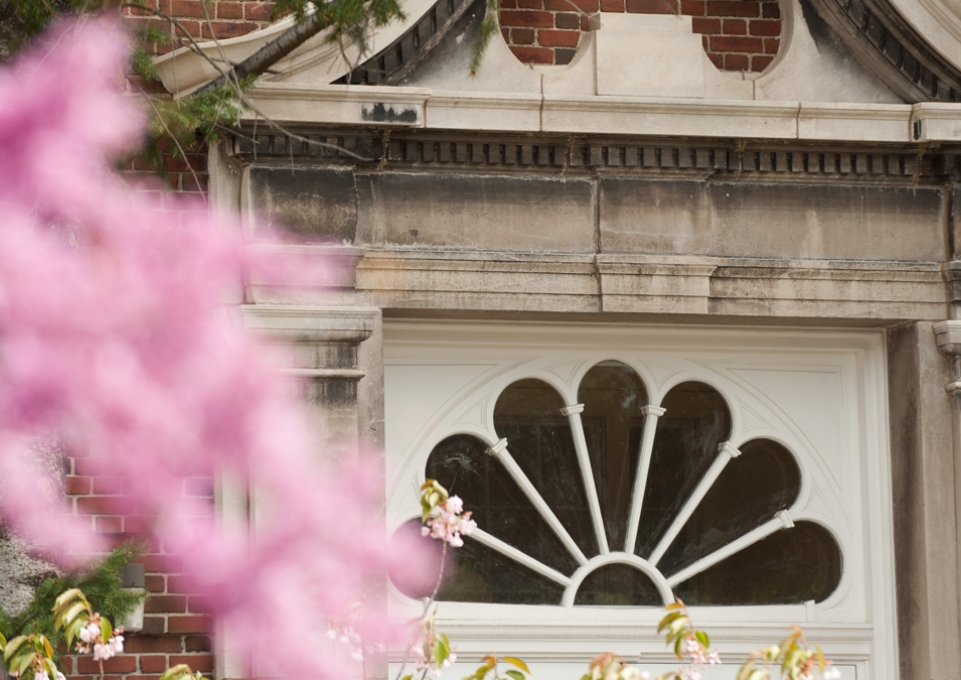 Bacon Hall window with spring blossoms