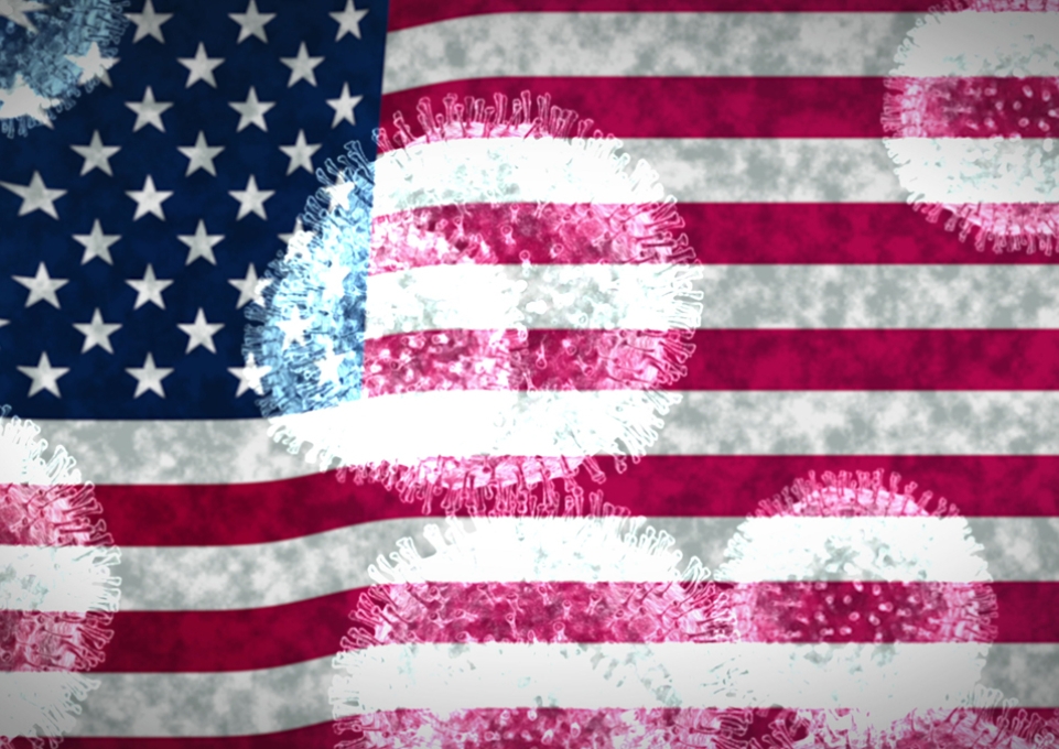 American flag overlaid with coronavirus