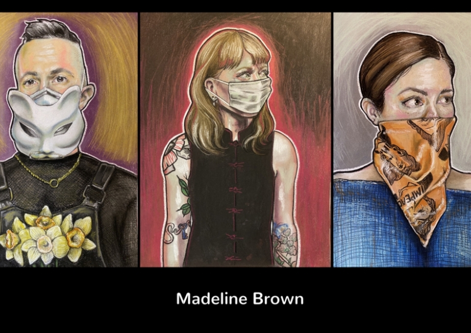 llustration of three people in masks by sudent Madeline Brown