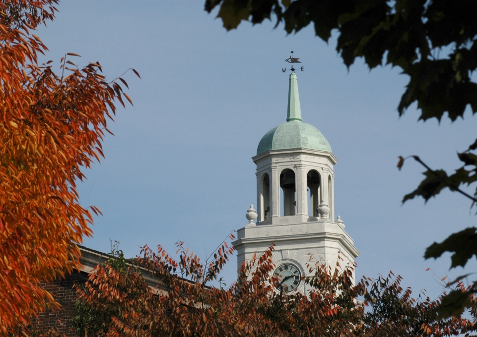 Rockwell bell tower with autumn leaves