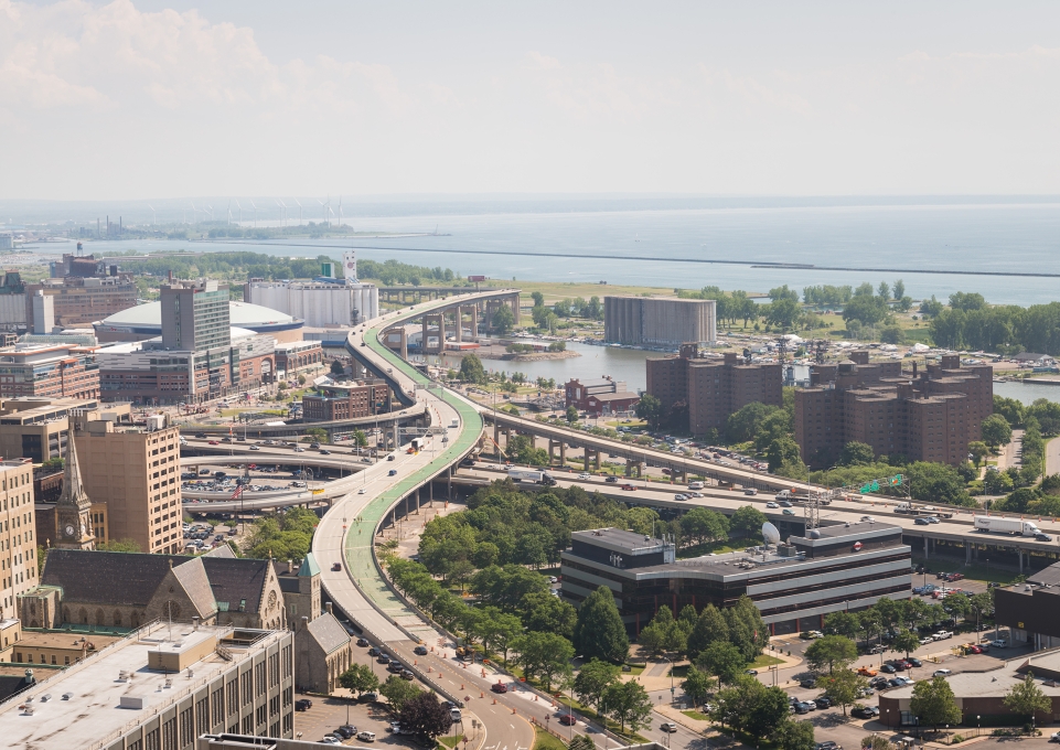 Aerial view of the city of Buffalo's waterfront