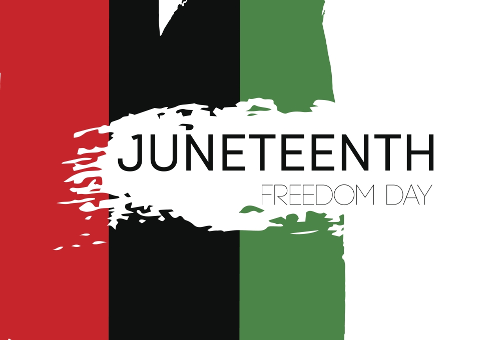 Graphic illustration of red, black, and green striped background with the words "Juneteeth Freedom Day"  