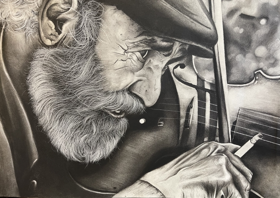 Charcoal and paper illustration of man in a beret playing the violin while holding a cigarette