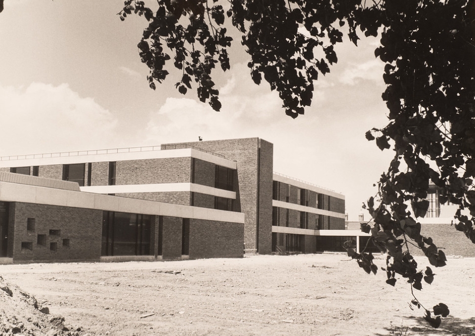 Black and white photo of exterior of Campus School