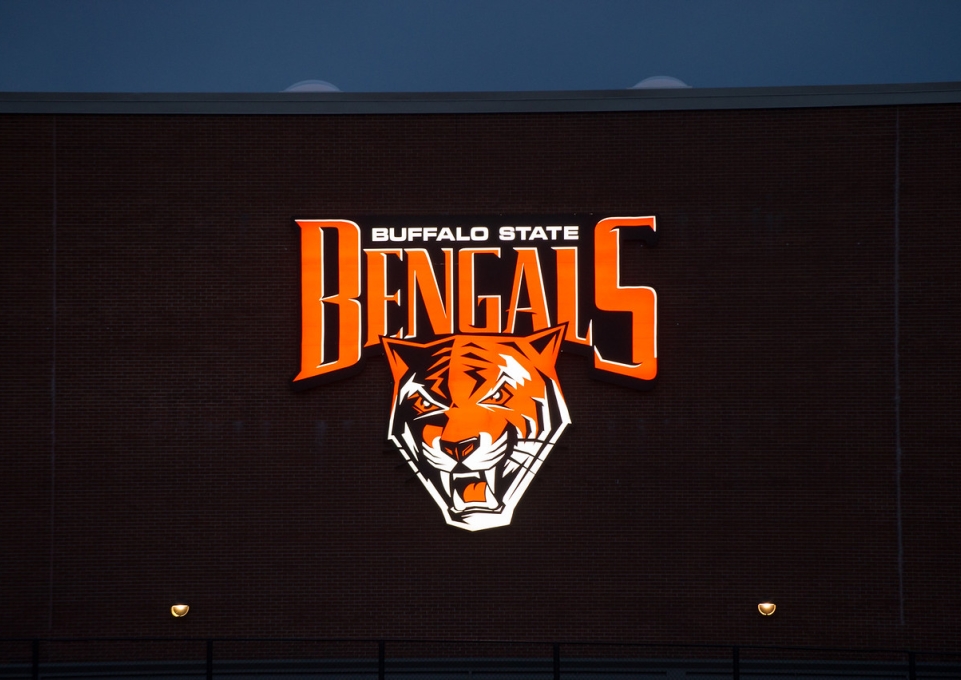 Lighted Bengals athletics sign at Buffalo State