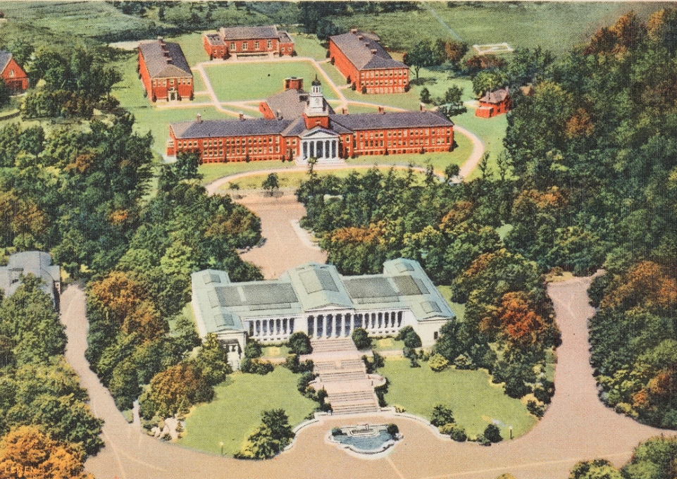 Aerial view of the original buildings on the 1931 Elmwood Ave campus