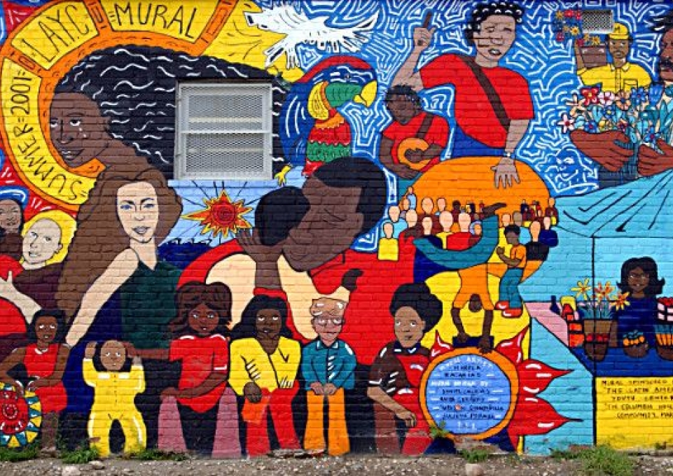 Colorful mural of images celebrating hispanic heritage