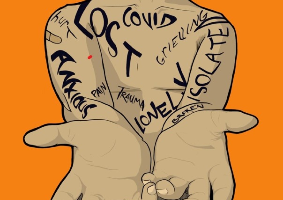 Poster illustration showing a tatooed torso with outstretched hands