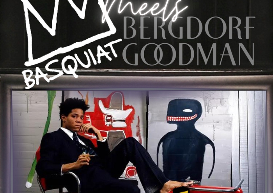 Poster for the event showing a seated, suited, and barefoot Basquiat under the words "Basquiat Meets Bergdorf Goodman"