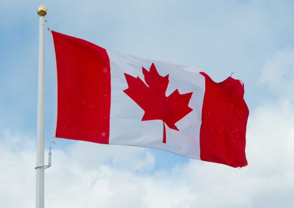 Canadian flag waving in the breeze on a flagpole against a blue sky backdrop