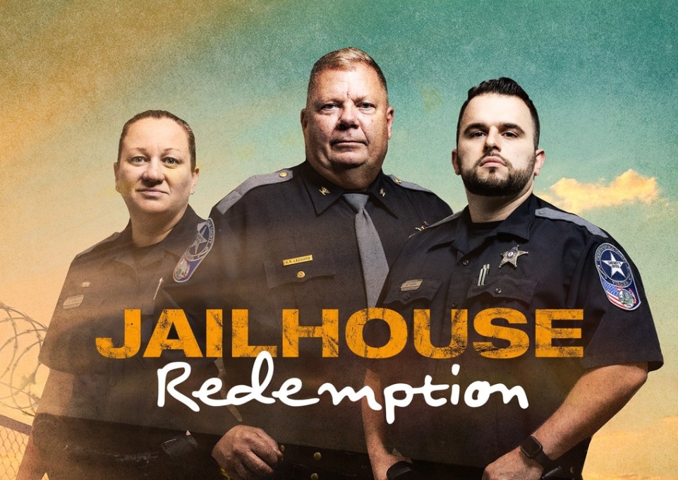TV still from the show, showing three uniformed officers and the words "Jailhouse Redemption."