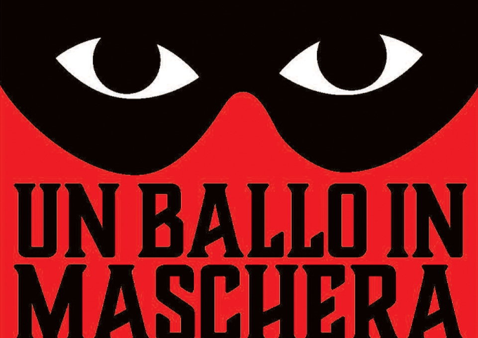 Poster detail showing a black mask above the words Un Ballo In Maschera on a red background
