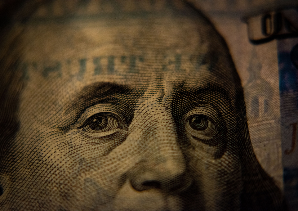 Closeup of Ben Franklin's image on the $100 bill