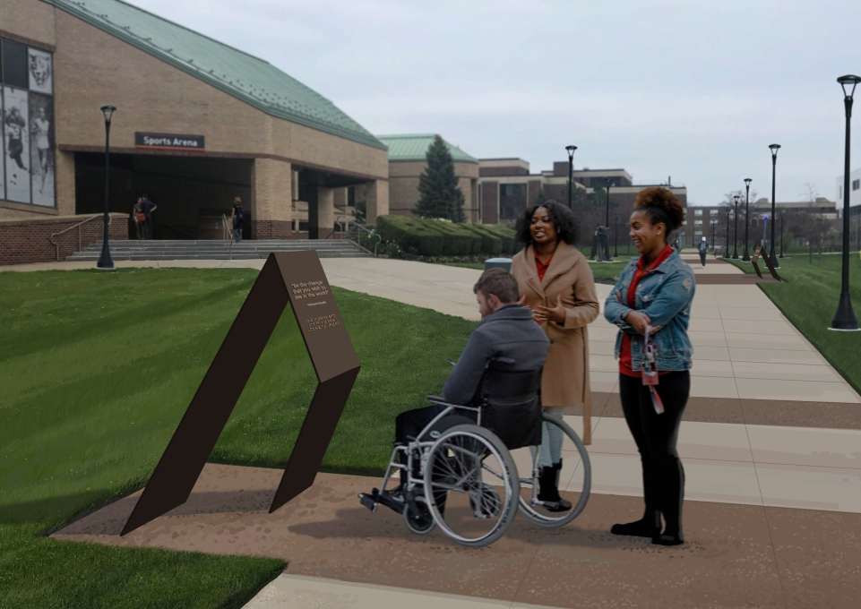 Rendering of the Social Justice Walk from outside the Sports Arena showing three people, two standing and one in a wheelchair, studying an art installation along the path