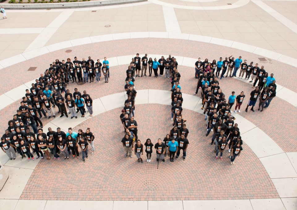 Arial shot of students forming the letters E-O-P