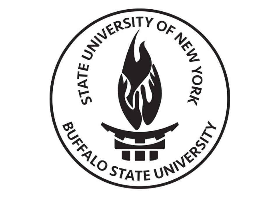 Buffalo State seal showing stylized hands holding a dove to form the flame of a torch